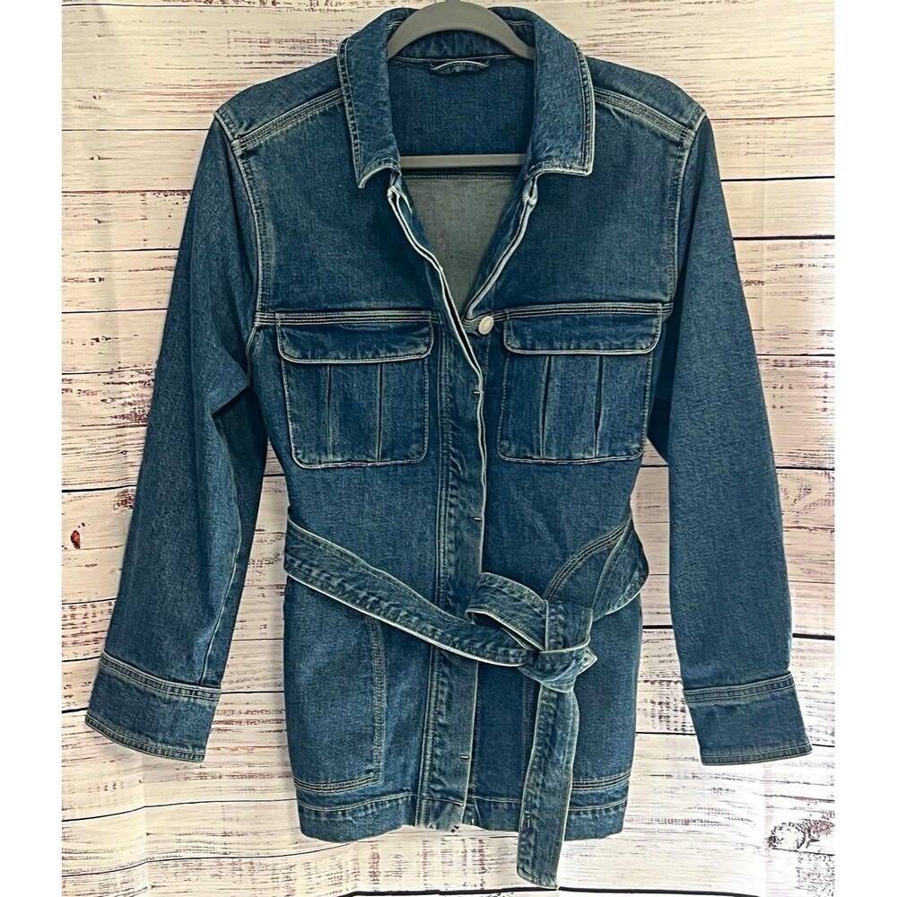 & Other Stories Belted Oversized Denim Jacket Blue Utility Shacket XS/S 2